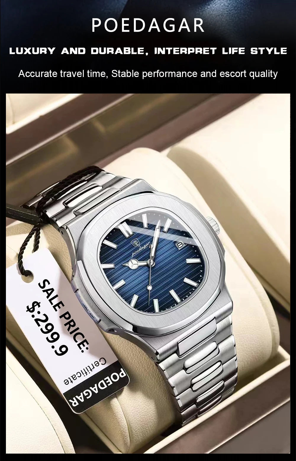 POEDAGAR Square Luxury Men Wristwatch Waterproof Luminous Date Stainless Steel Male Clock Business Sports Quartz Watches For Men 