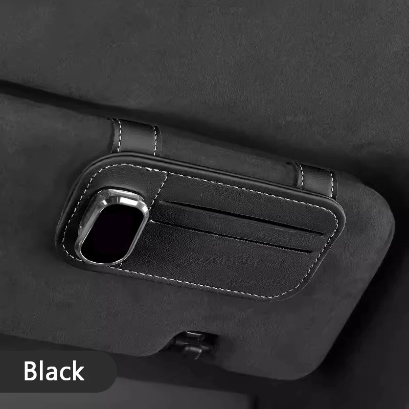 SEAMETAL Car Sun Visor Glasses Clip PU Leather Scratch-Free Sunglasses Holder with Card Storage Bag Universal Eyeglasses Holder