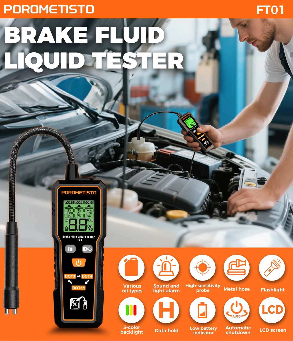FT01 Liquide de frein automobile, témoin/ Testeur d’huile de frein portatif numérique, testeur de liquide de frein DOT3/DOT4/DOT5.1 avec sonde flexible