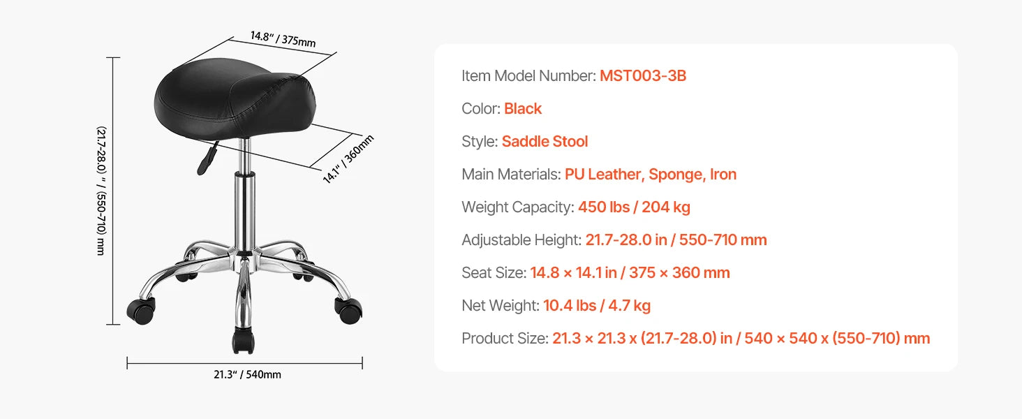 SucceBuy sedlo židle se kolečkami, nosnost 450 lb, výškově nastavitelná, ergonomická otočná sedací židle typu hřbetové sedlo pro kliniku, salón, tetování