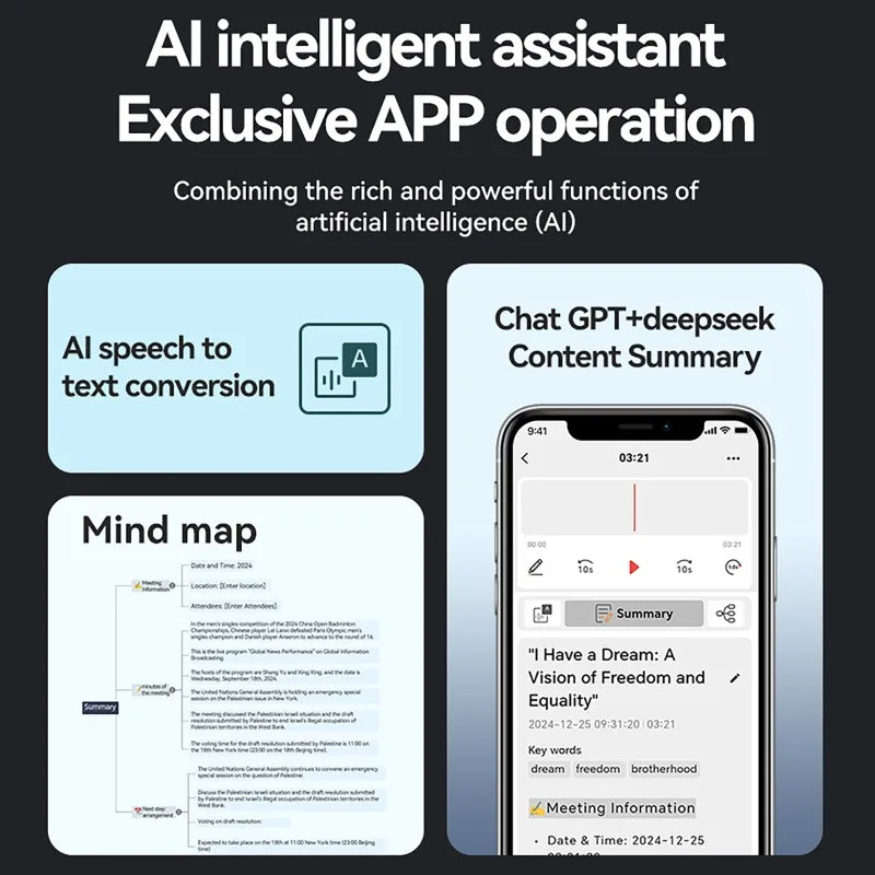 AI röstupptagare Transkribering & sammanfattning med ChatGPT Ljudinspelare AI Notering-enhet för föreläsning Mötet Samtal Intervju