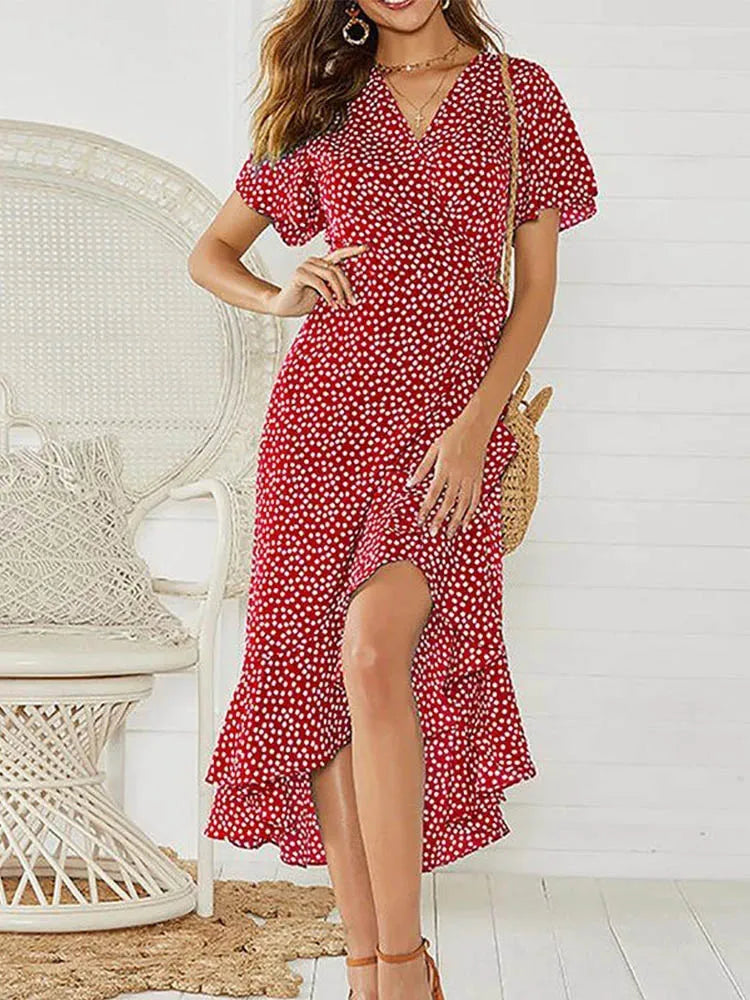 Summer Beach Maxi Dress Women Floral Print Boho Long Chiffon Dress Ruffles Wrap Casual V-Neck Split Sexy Party Dress Robe Femme 