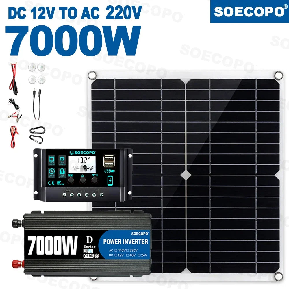 SOECOPO 7000W Solar Power Kit with 100A Controller & 300W Panel Inverter 12V to 110V/220V for Home/Camping/RV/Emergency Backup
