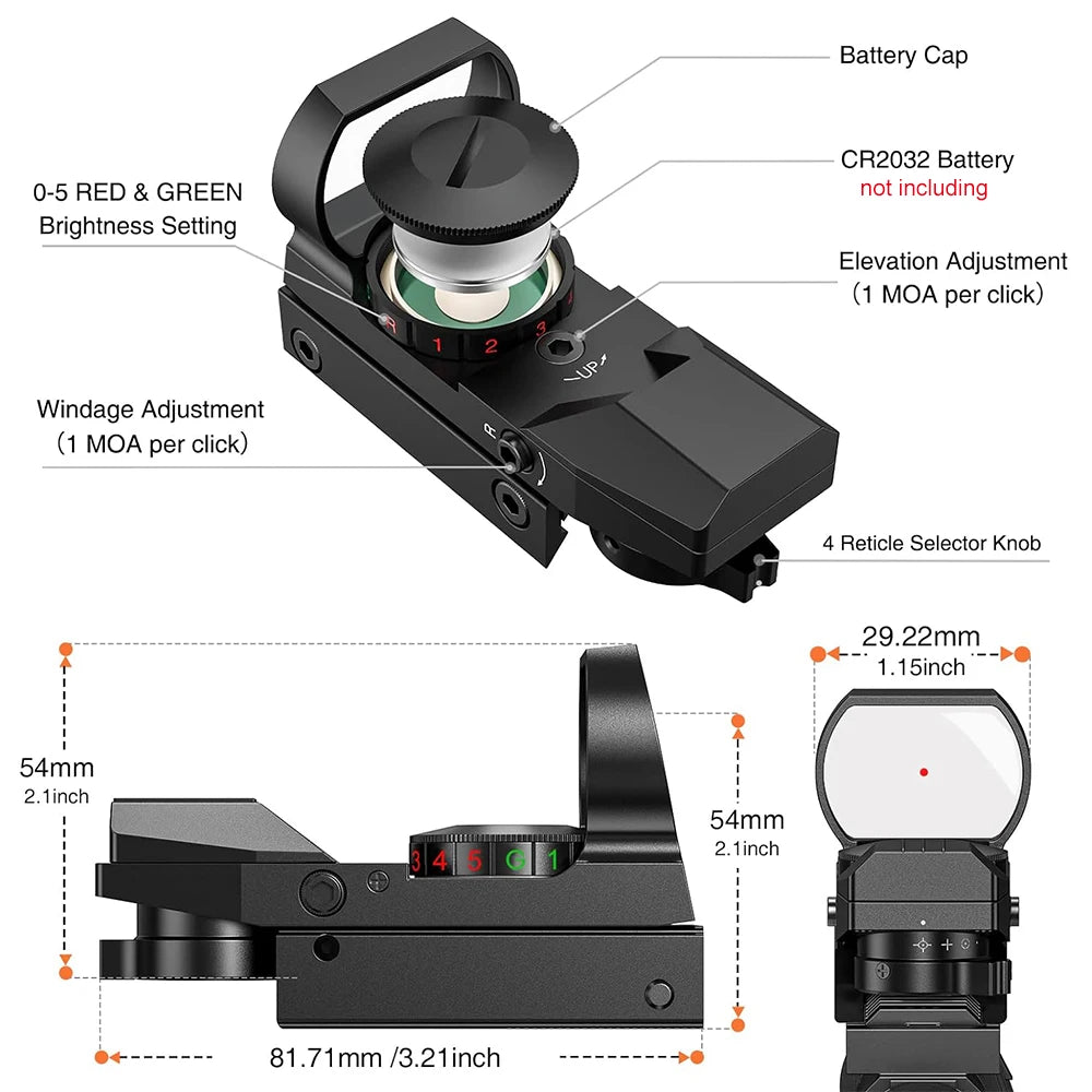 Tactical Red Green Dot Sight Scope Riflescope Hunting Optics Reflex Sight with 20mm Rail 