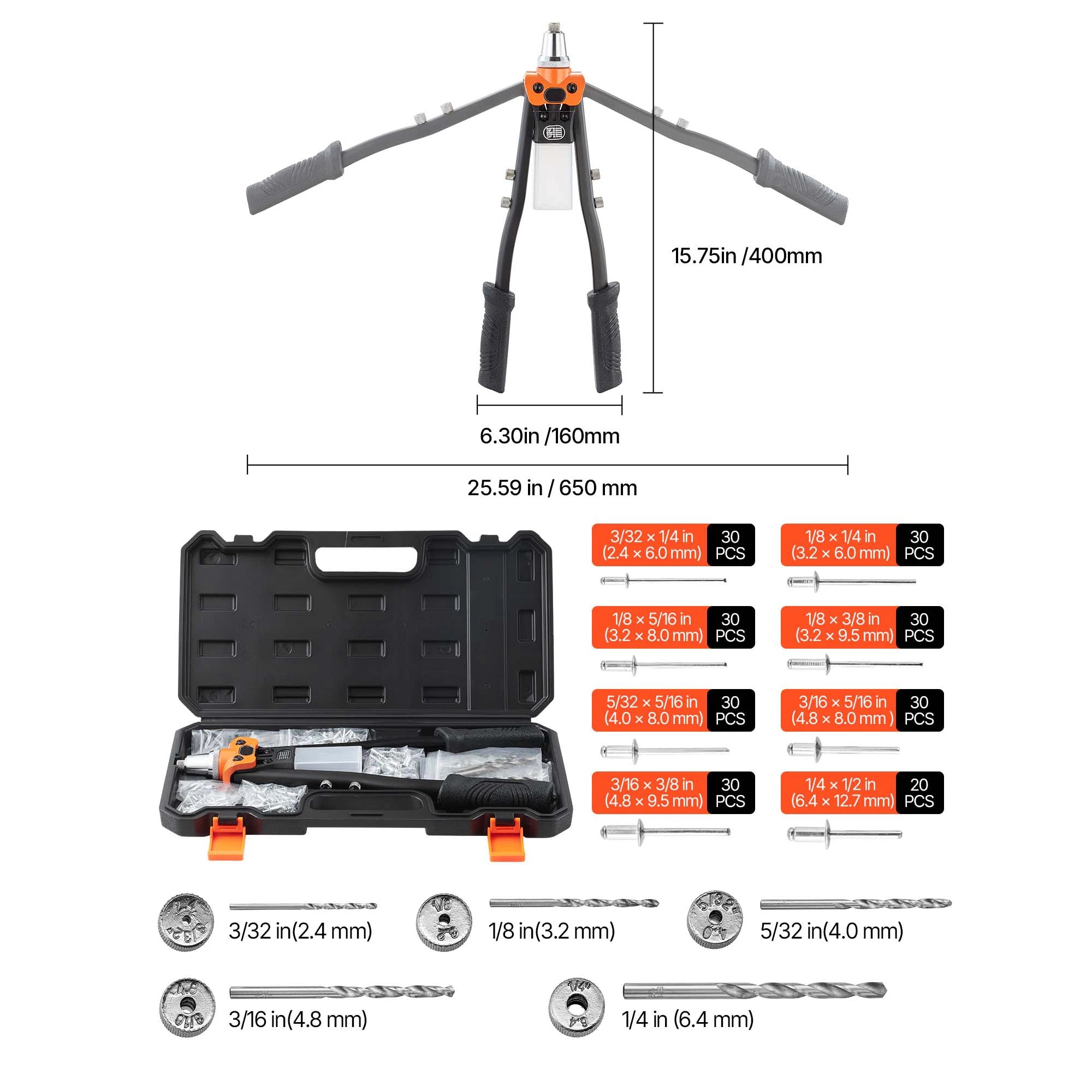 Pop Rivet Gun Kit with 200 Rivets, Interchangeable Heads & Case