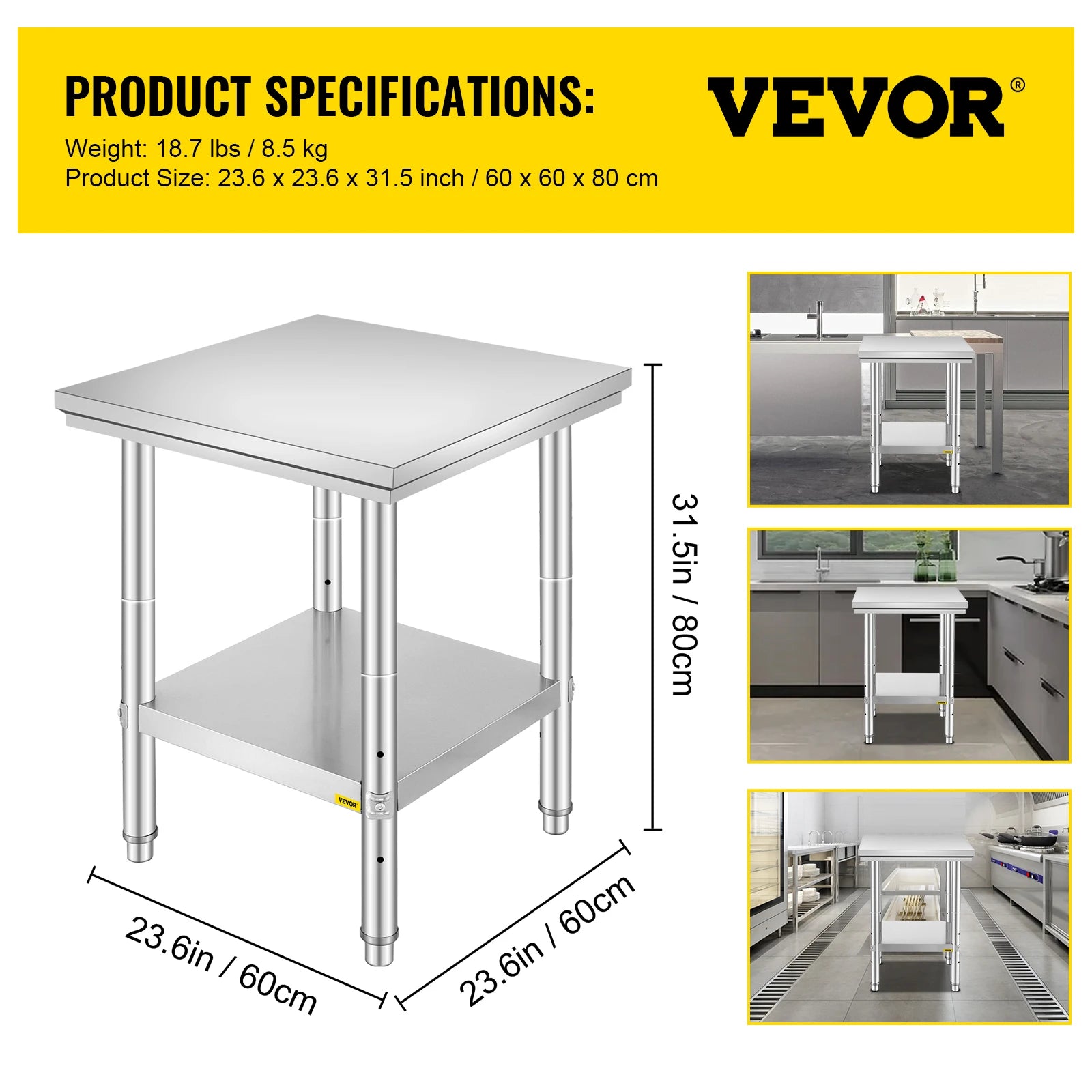 Stainless Steel Kitchen Prep Table with Undershelf, 286–330 lb Capacity