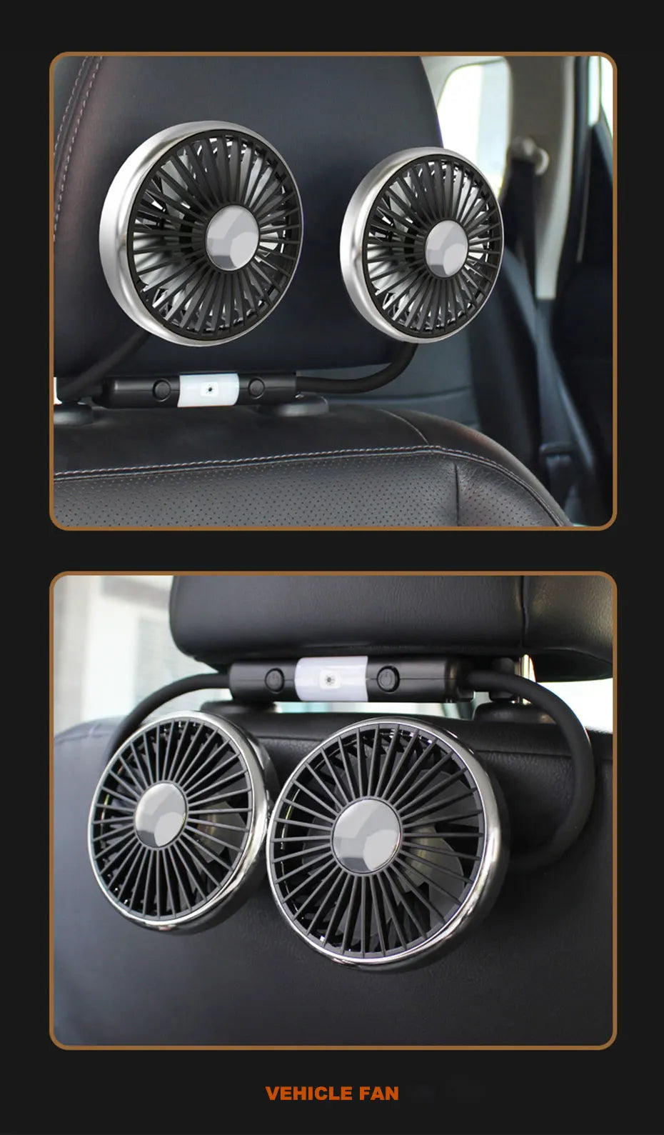 SEAMETAL Car Fan Cooling Dual Head Type-c Usb Car Fan 3 Speeds Adjustable Auto Cooler Air Fan With LED Lights Car Accessories