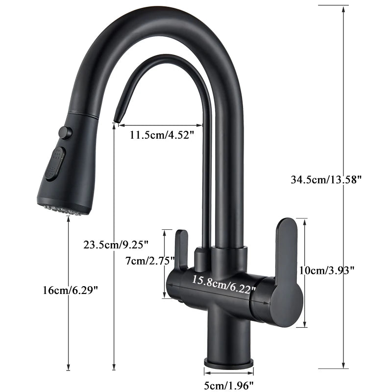 Purification Water Kitchen Faucet Black 360° Rotating Filter Water Faucets Pull Out Sprayer 3 Ways Hot Cold Water Mixer Tap 