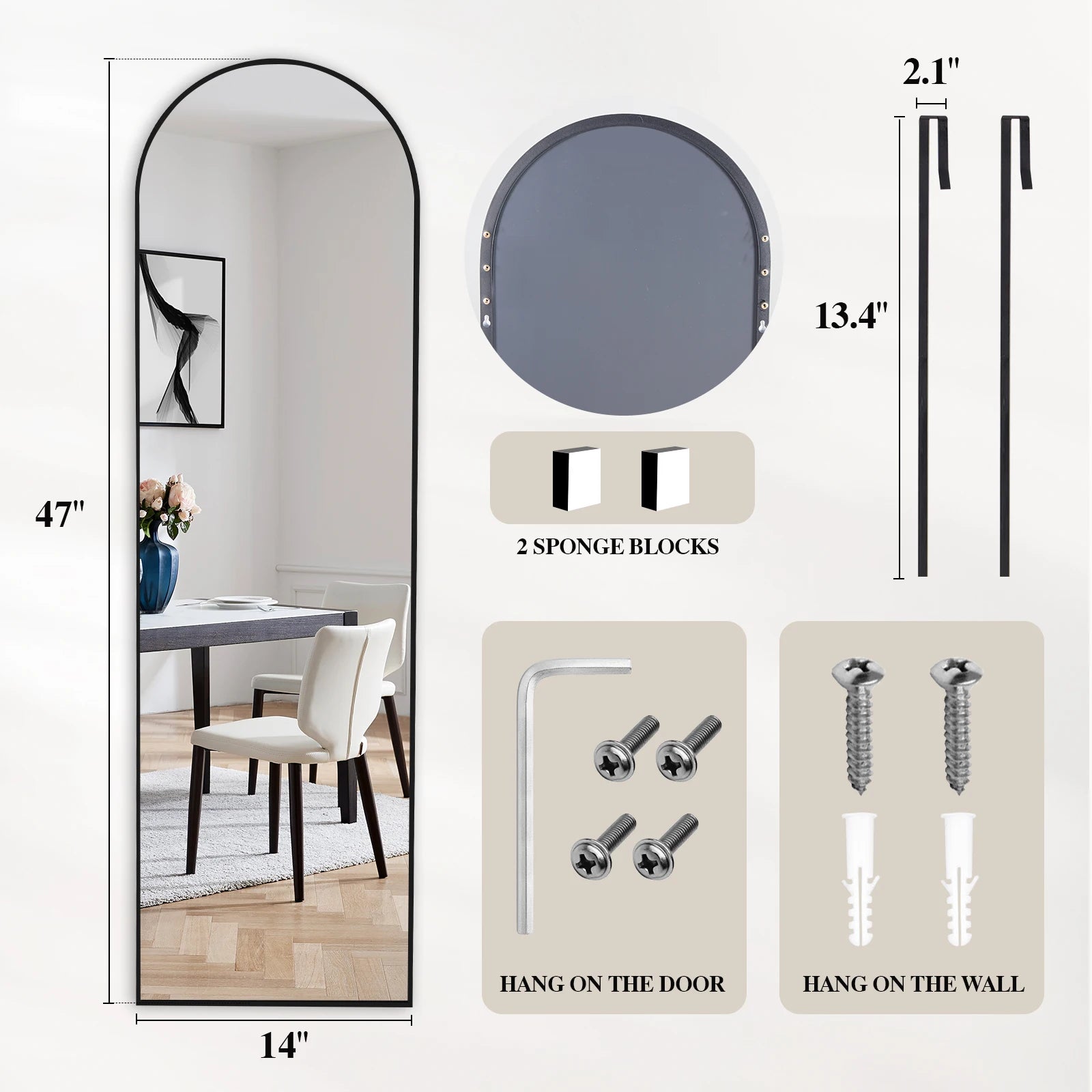 47x14 Full Length Wall Mirror with Aluminum Frame, Hang or Lean