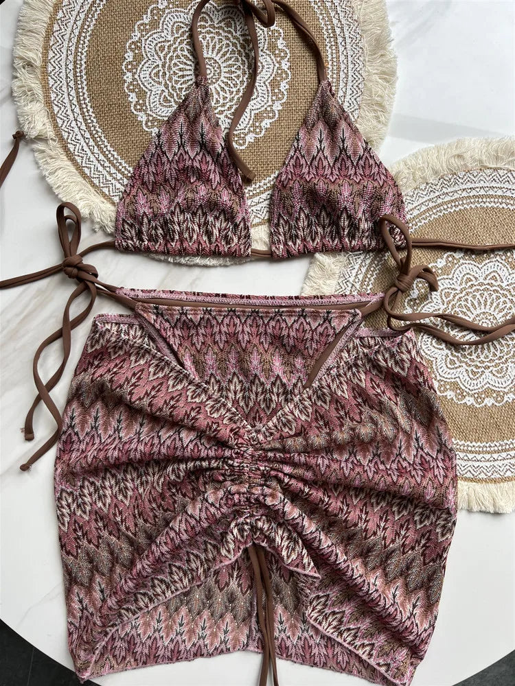 Damen Badeanzug Farbige Ahornblätter Gestrickter Bikinirock Dreiteiliges Set Geteilter Badeanzug Bikini