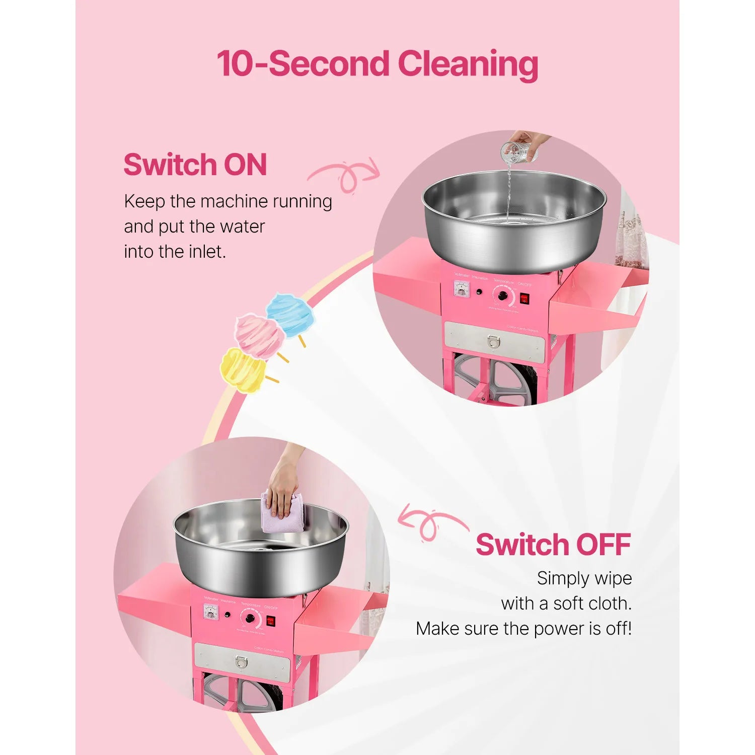 Electric Cotton Candy Machine with Cart and Stainless Steel Bowl