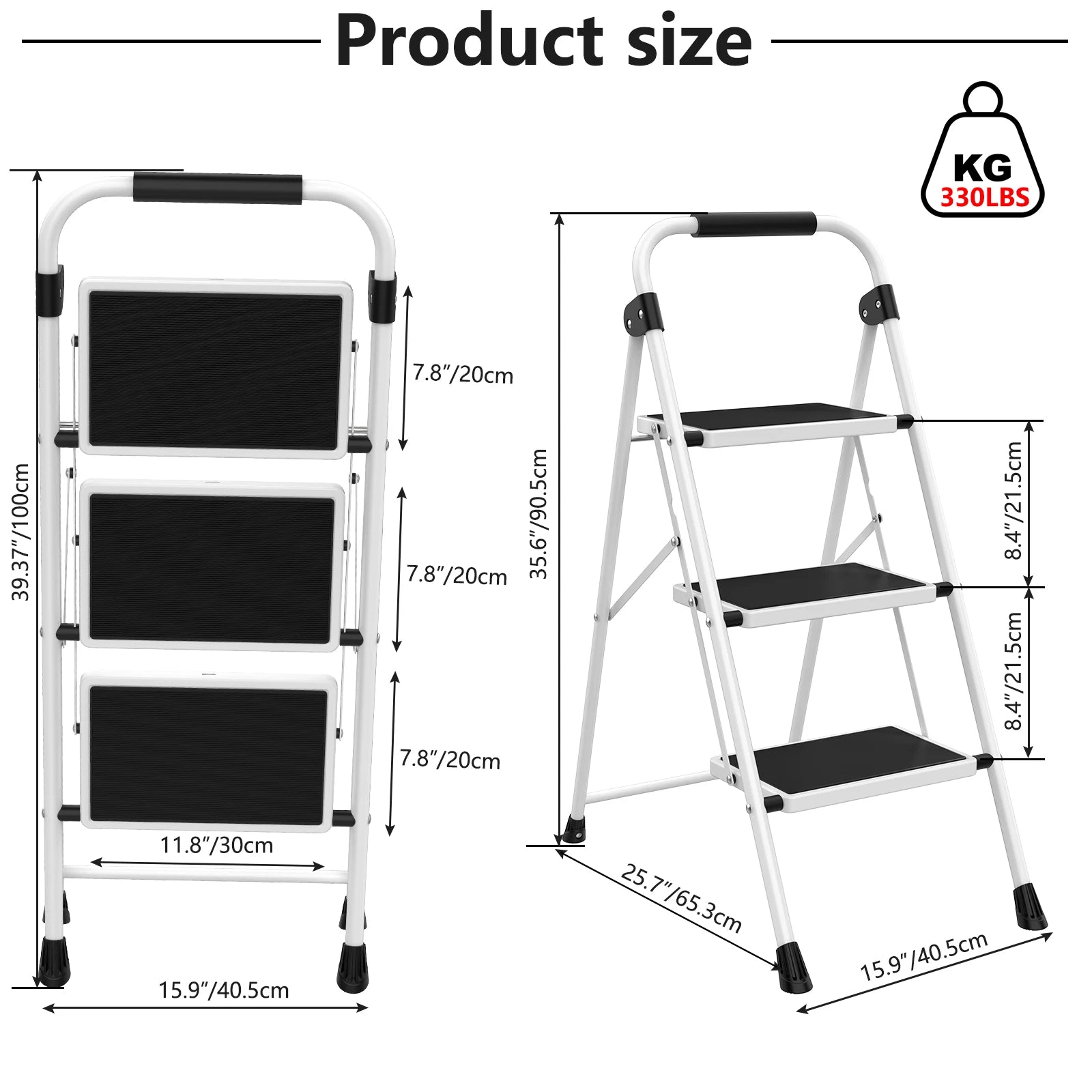 3 Step Folding Ladder with Anti-Slip Pedals 330lb Capacity Steel