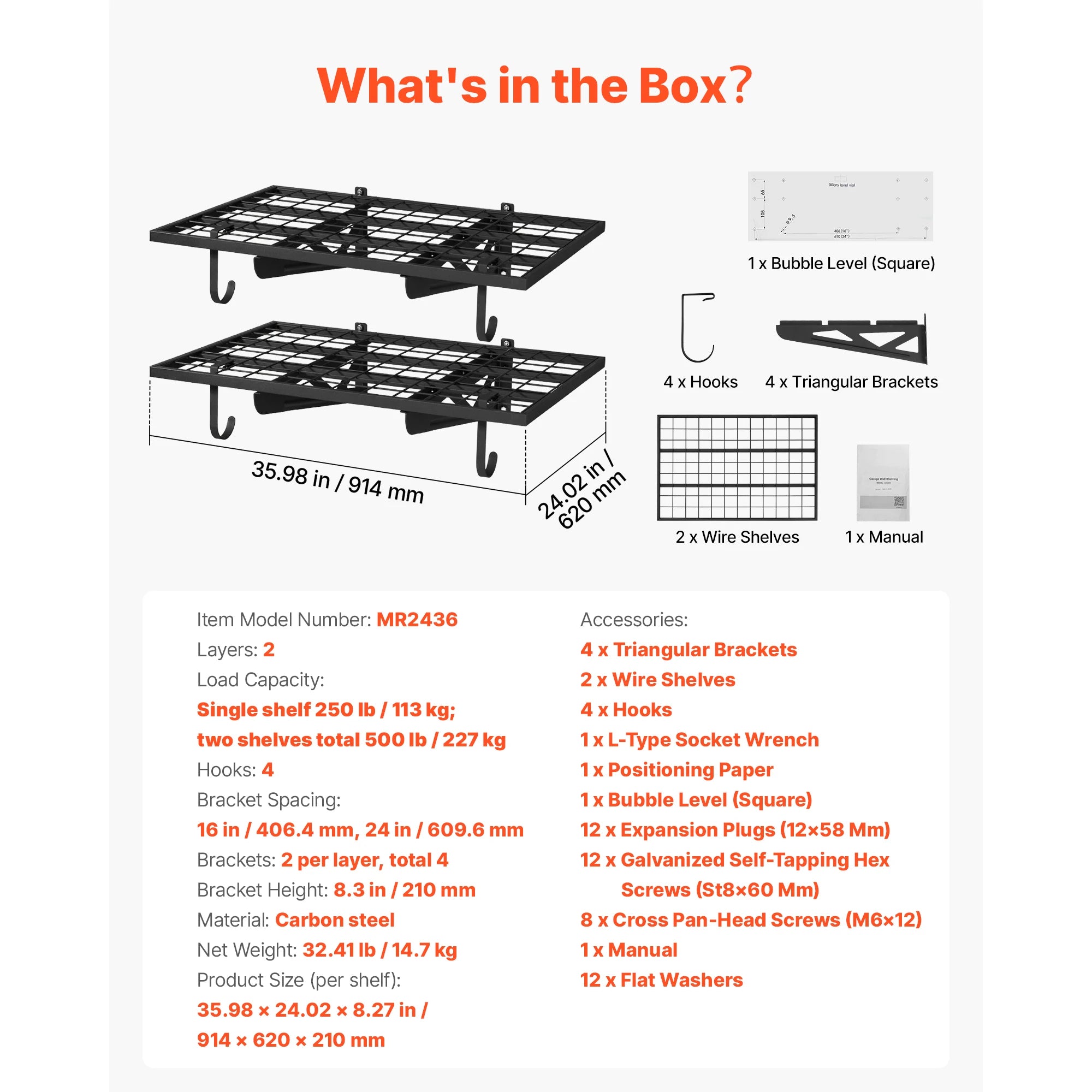Heavy-Duty Garage Wall Shelving 2-Tier Steel Rack with Hooks