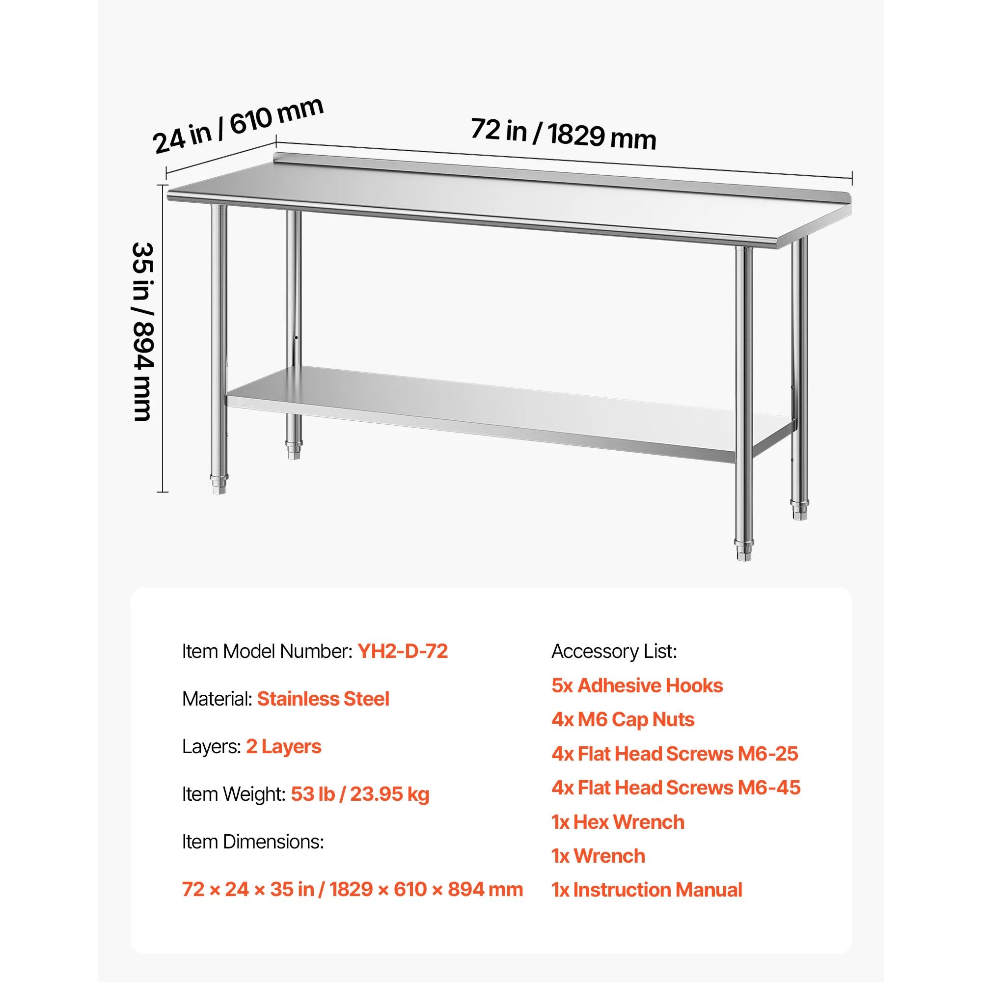 SucceBuy Stainless Steel Work Table with Backsplash Adjustable Undershelf Metal Utility Worktable for Restaurant Home Outdoor