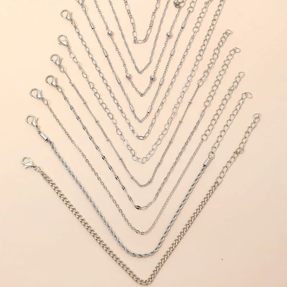 11pcs/Set Stile Punk Semplice Elegante Bracciale a Catena Cavo con Cuore e Perline Set Adatto per l'Uso Quotidiano Femminile Regalo