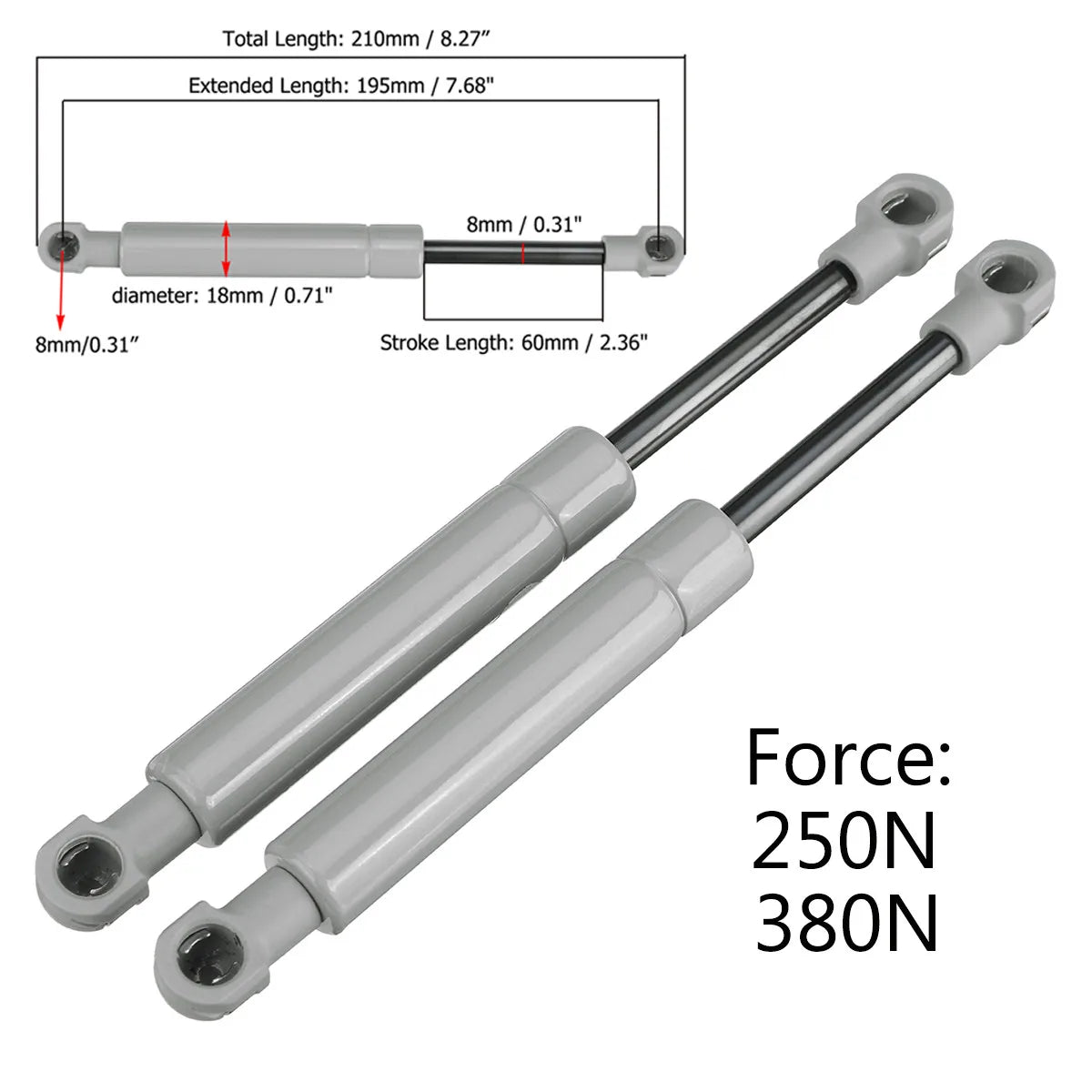 2pcs 250N 380N Universal 195mm 8mm Car Gas Strut Bars Gas Spring Hood Support Rod Shock Lift for RV Bed Window Bus Caravans