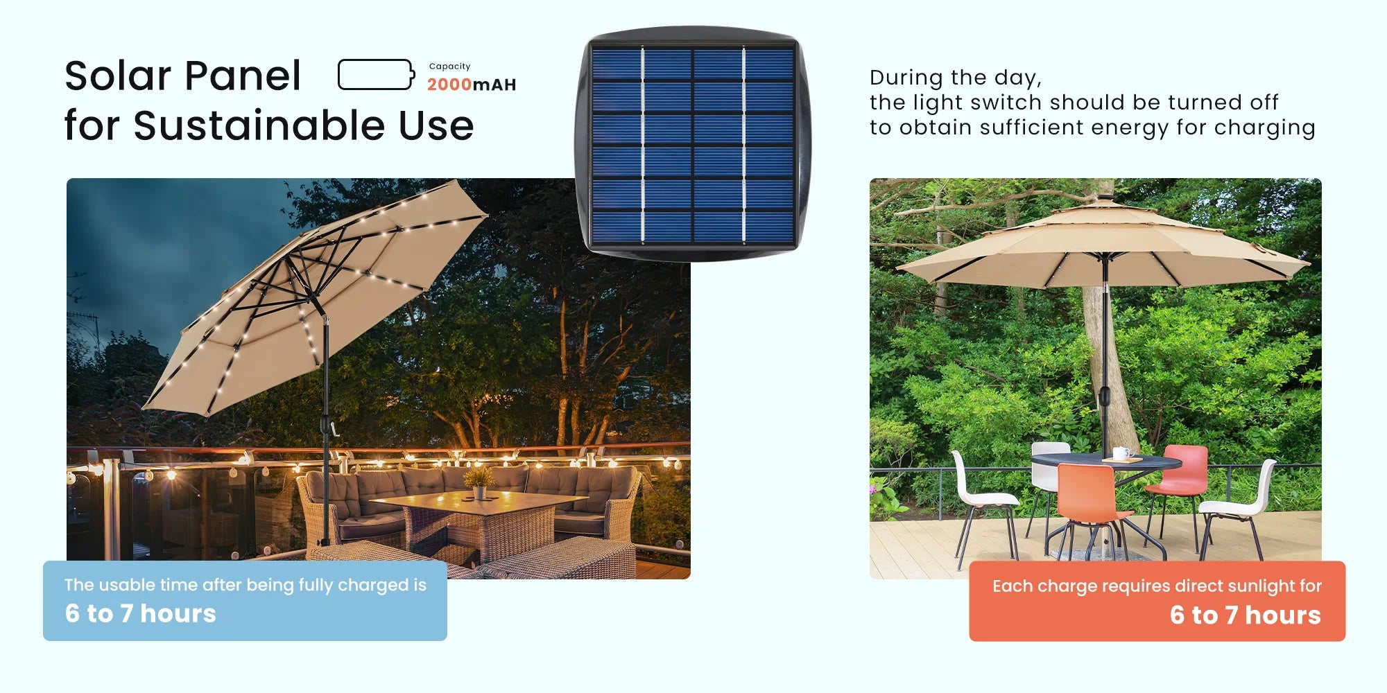 10FT udendørs parasol med solcelle-LED-lys og vippefunktion