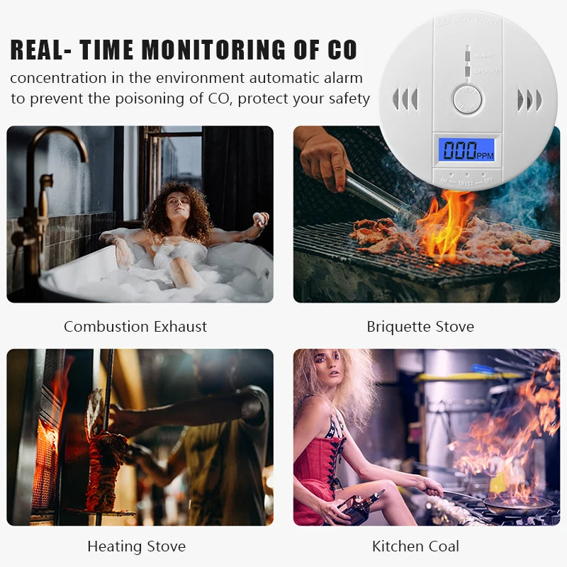 Carbon Monoxide Detector Alarm New Photoelectric Sensor 85dB Sound Warning LCD Digital Display Home Indoor CO Poisoning Siren 