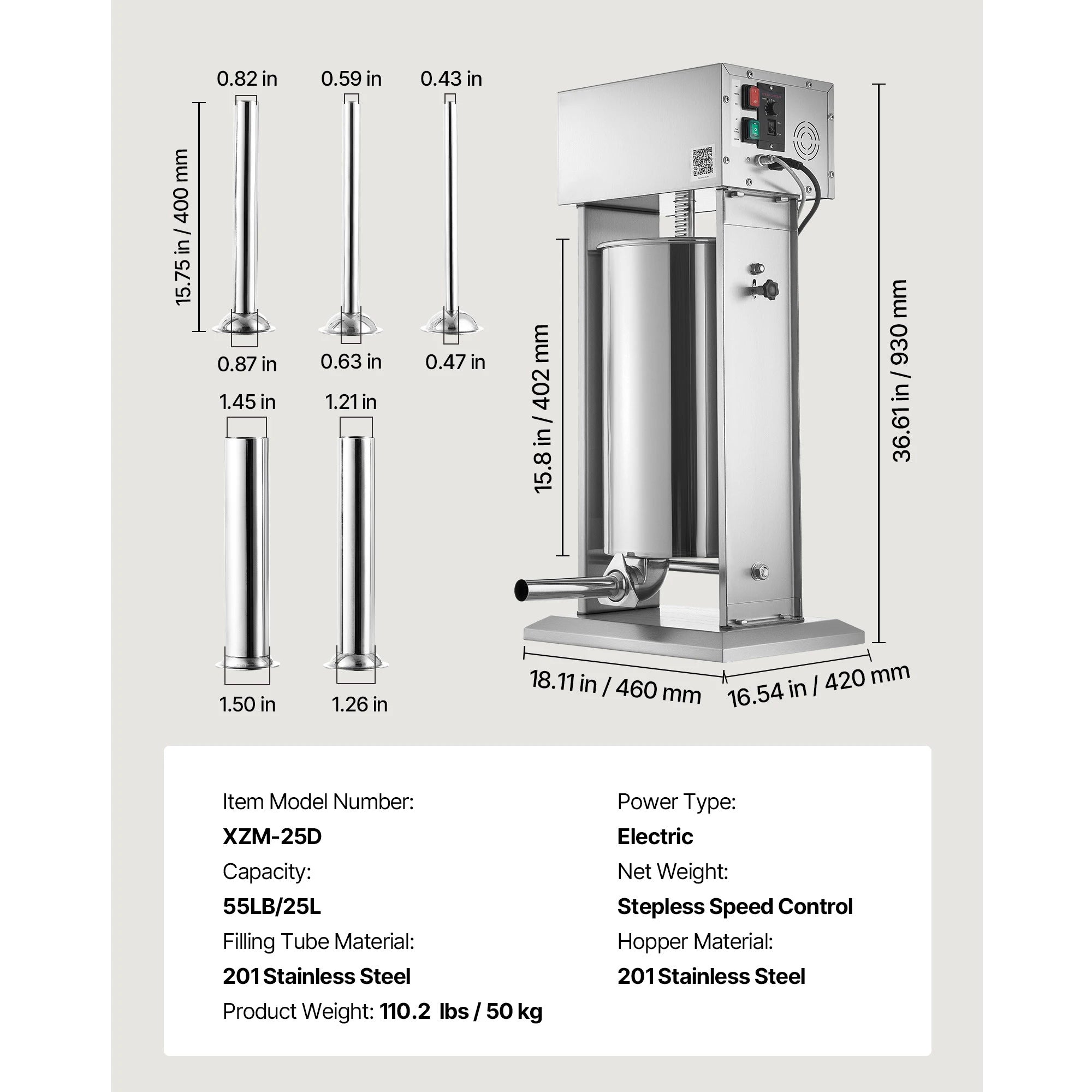55 lb Electric Sausage Stuffer with Foot Pedal and 5 Tubes