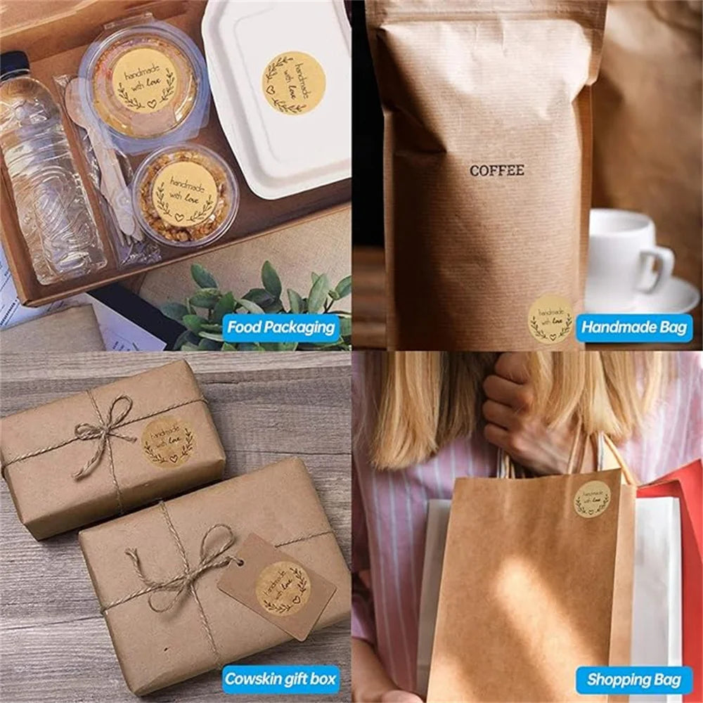 500pcs Handmade with Love Stickers Vintage Kraft Paper Stickers Stationery Label Baking Kraft Paper Stickers Scrapbook Gift