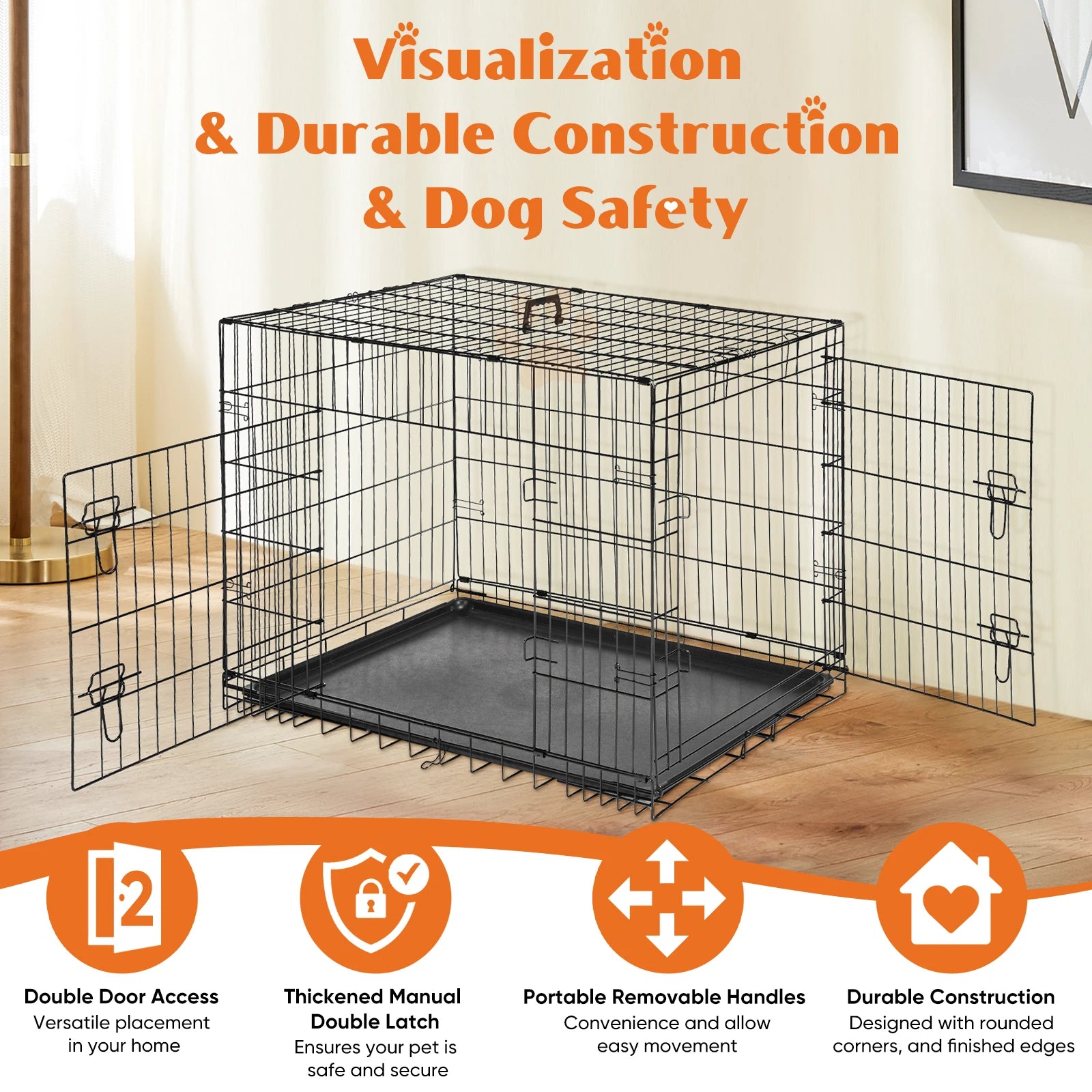 48 Inch Folding Metal Dog Crate with Double Doors & Leak-Proof Tray