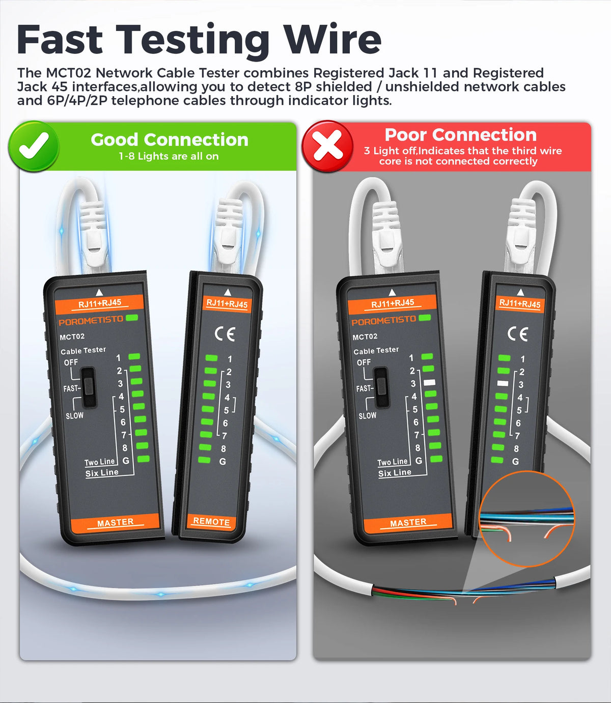 MCT02 RJ45 and RJ11 Network Cable Tester