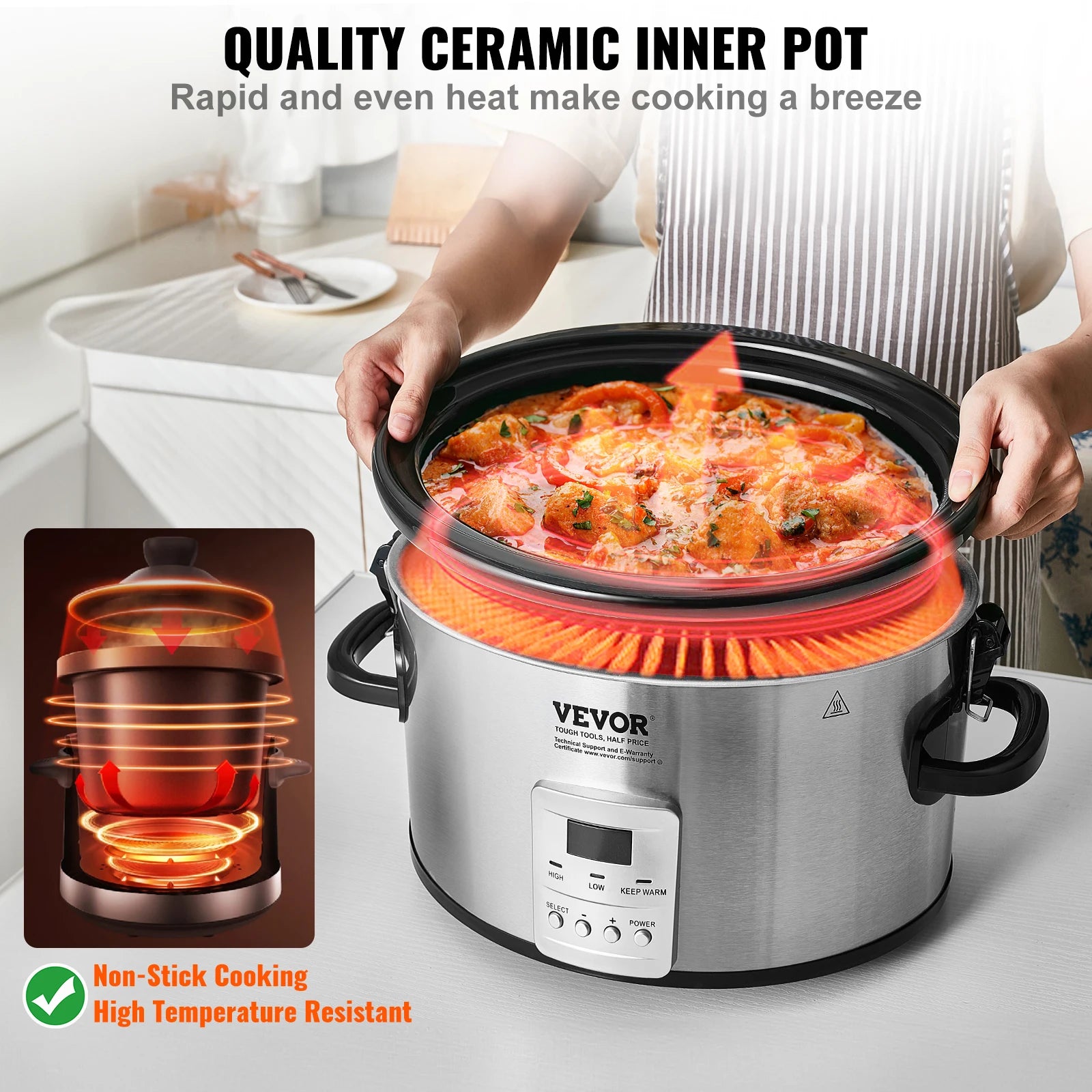 8QT Digital Slow Cooker with Ceramic Pot & Locking Lid