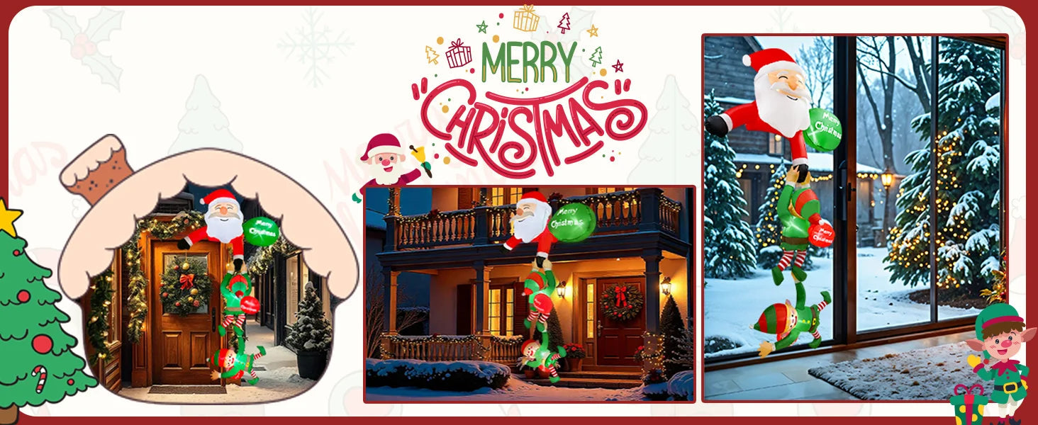 8FT Christmas Inflatables Decor, Climbing Santa Claus with Reindeer & Snowman/Elves, Xmas Decor for Beam Roof Tree Indoor Party 