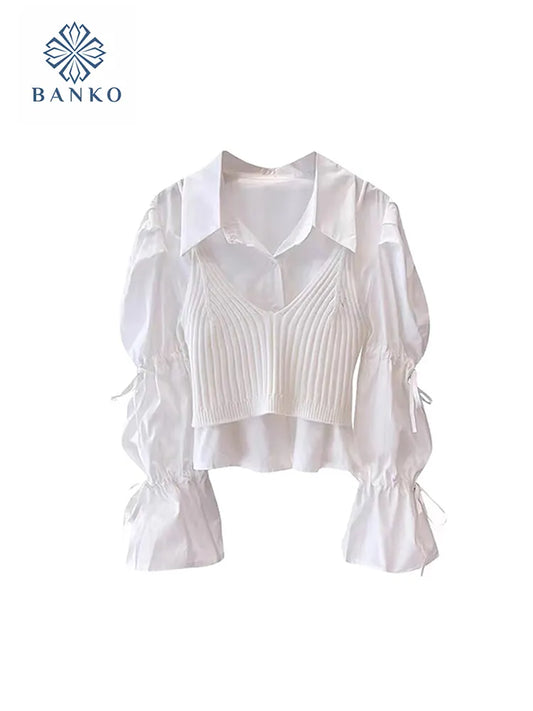 Visokokakovostna obleka, 2-delni komplet za pisarniške ženske, preproste bluze z dolgimi rokavi, širokimi rokavi + pleteni telovnik Gyaru Y2k, elegantno dekle Mori