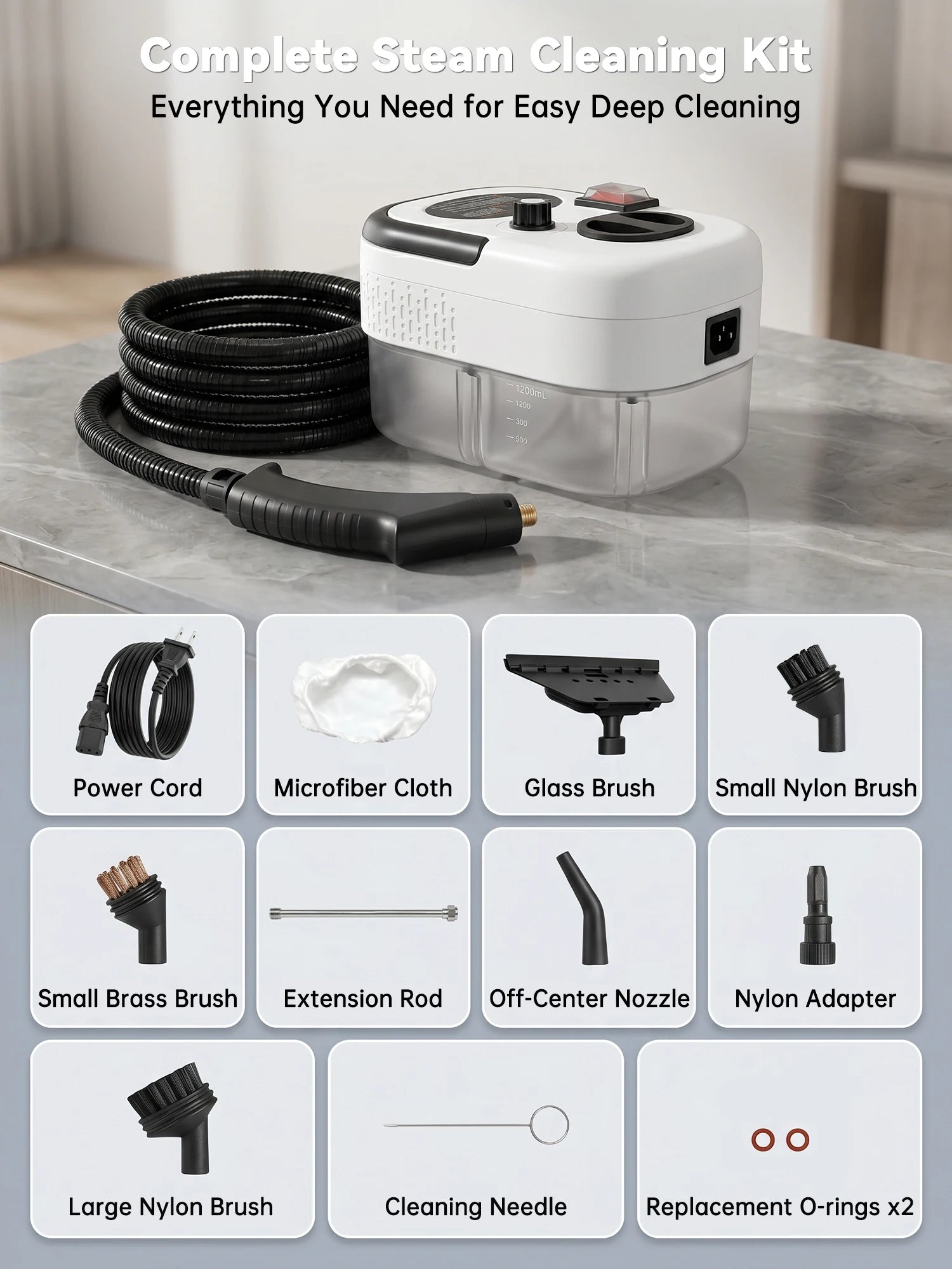 2500W Handheld Steam Cleaner with 1200ml Tank and Accessories