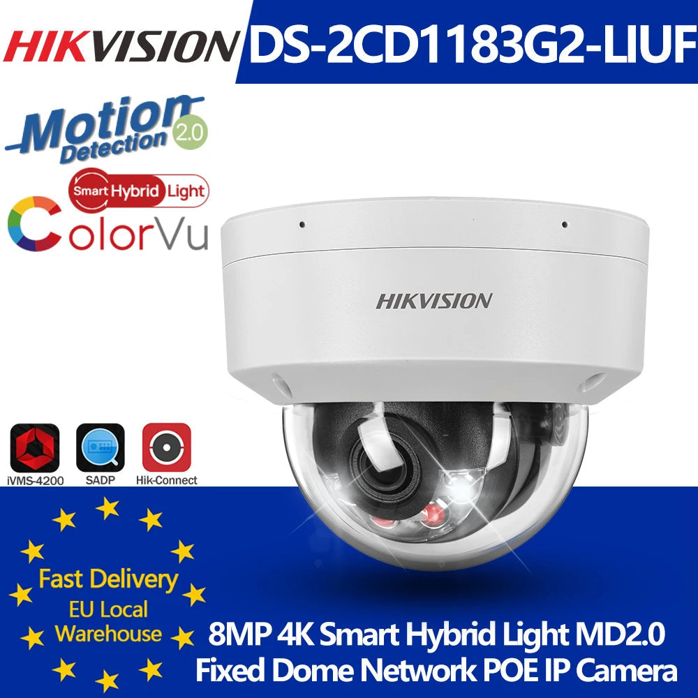 Hikvision 8MP 4K ColorVu Smart Hybrid Light POE IP Camera DS-2CD1183G2-LIUF Motion Detect 2.0 Human Detect MIC SD Slot IP67 