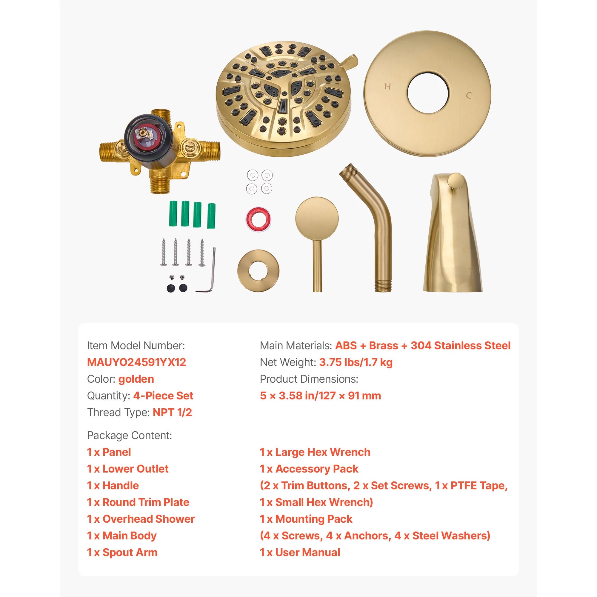 Tub & Shower Faucet Set with Rainfall Head and Pressure Balance Valve