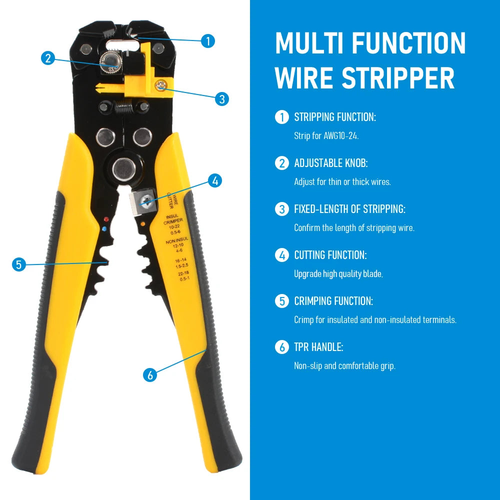 Adjustable Wire Stripping, Cutting and Crimping Pliers