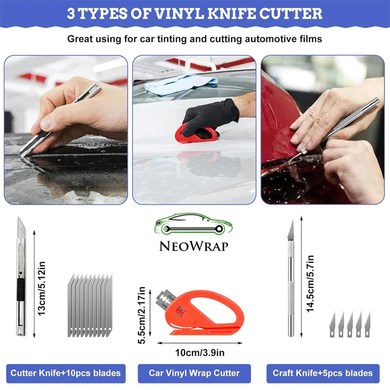 Car Film Wrapping Tool Kit Window Tinting Tools Vinyl Wrap Felt Squeegee Wrap Stick Vinyl Cutter Utility Knife Plastic Scraper