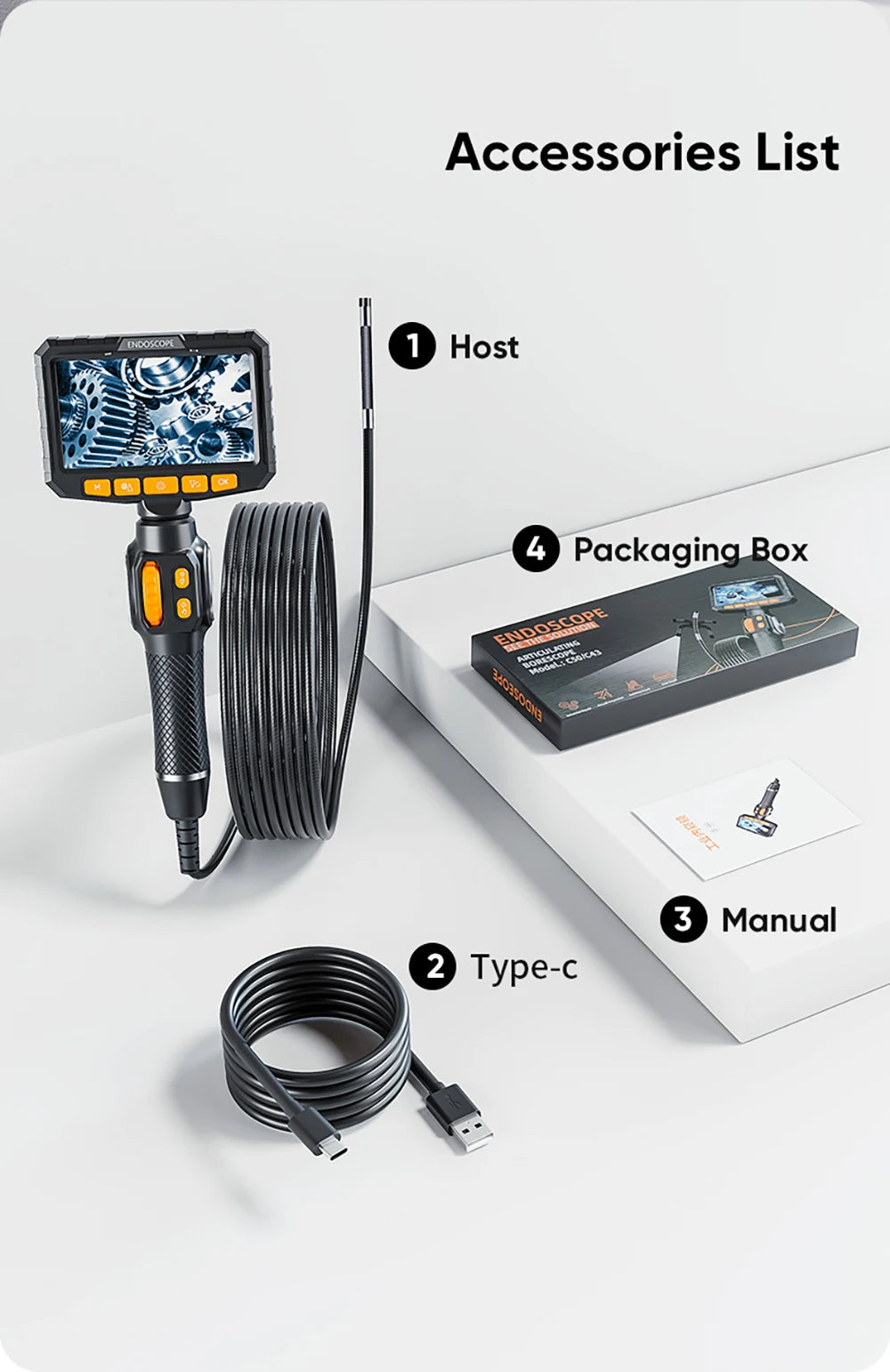 3.9mm 6mm Articulating Borescope with 4.3/5 Inch Screen 1080P HD LED Lights