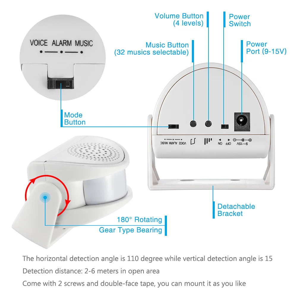 Wireless PIR Motion Sensor Alarm Welcome Chime for Indoor Safety
