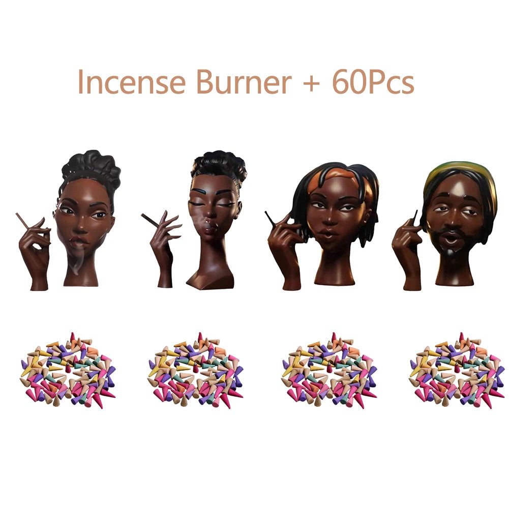 NEW Head Incense Burner Black Women Face Resin Incense Holder With 60Pcs Incense Cones for Bedroom Office Home 