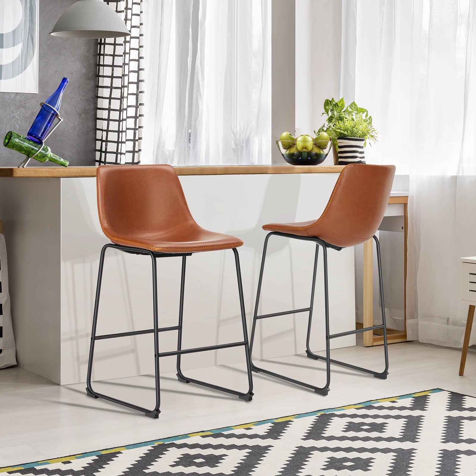 Counter Height Bar Stools Set of 2 Faux Leather with Back