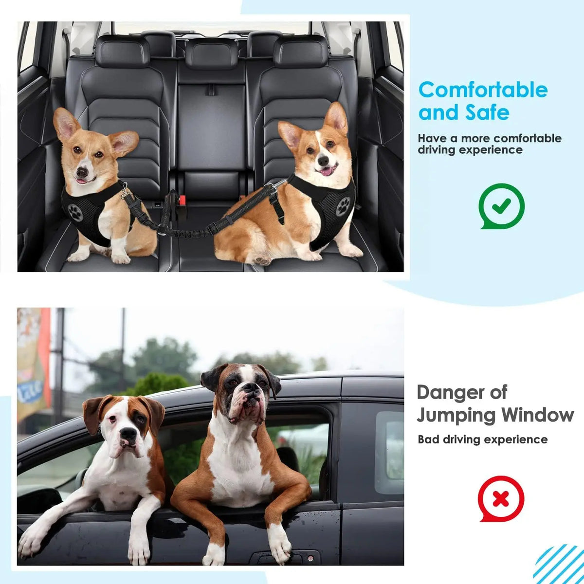 Cinturón de seguridad ajustable para dos perros con correas elásticas