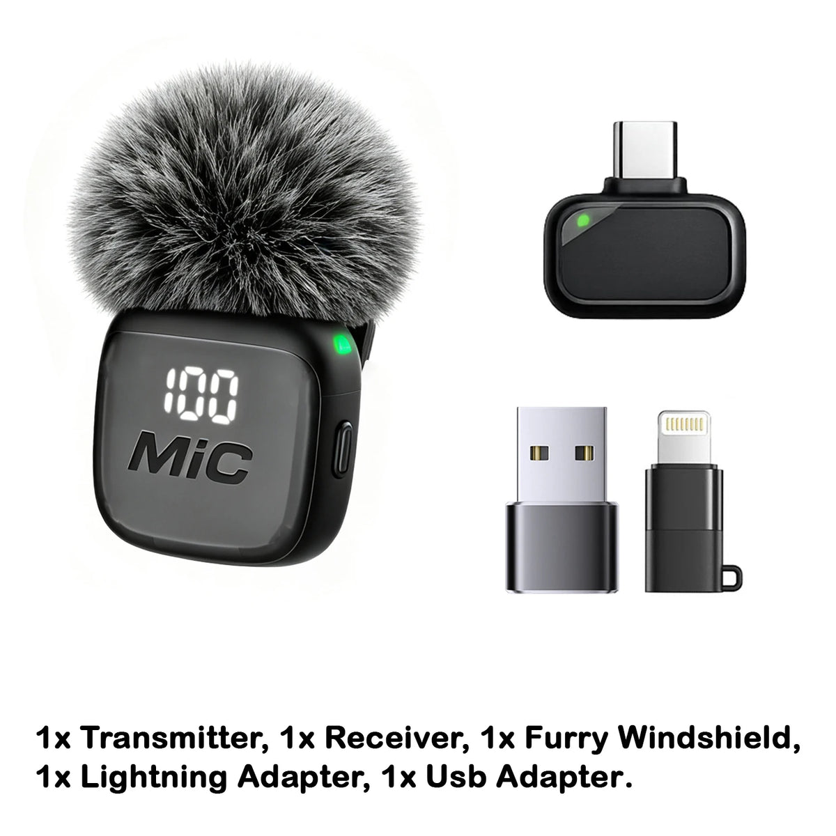 Wireless Lavalier Microphone with USB-C, Lightning and USB Adapters