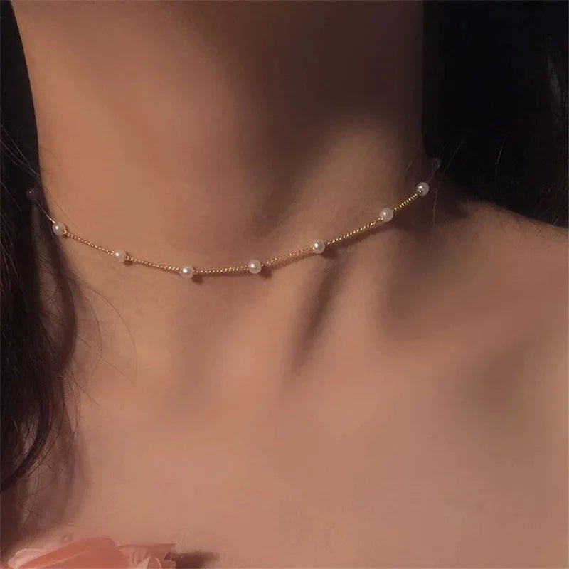 New Beads Women's Neck Chain Kpop Pearl Choker Necklace Gold Color Goth Chocker Jewelry On The Neck Pendant 2022 Collar For Girl 
