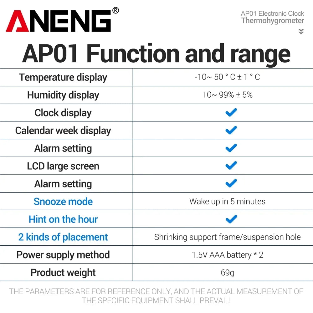 ANENG AP01 Thermo-Hygrometer and Alarm Clock