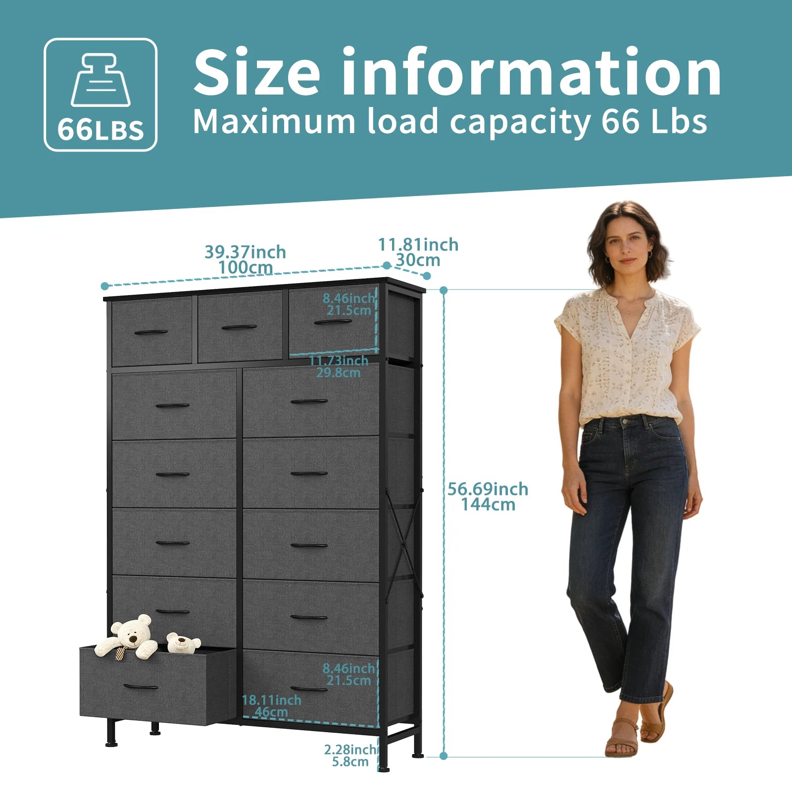 13 Drawer TV Stand Storage Cabinet with Steel Frame & Adjustable Feet