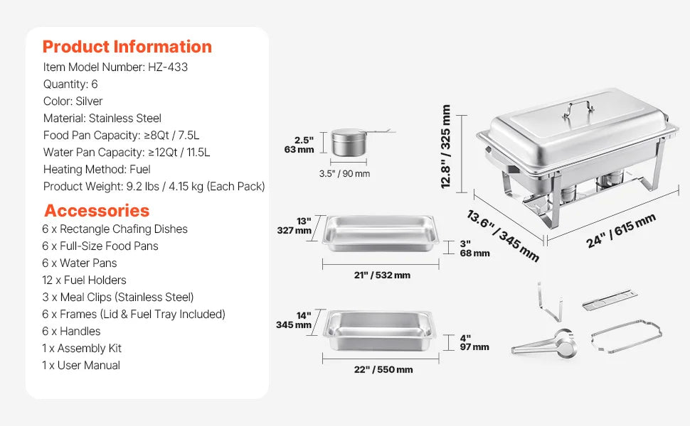 8QT Chafing Dish Buffet Set with Full Pans & Fuel Holders