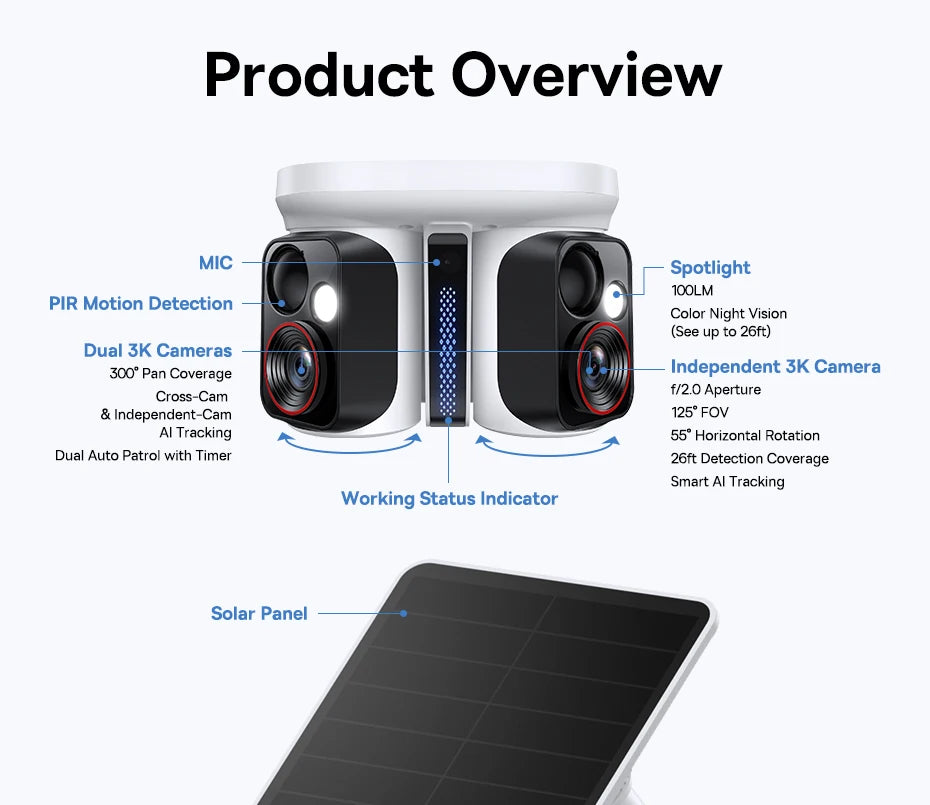 Cameră de securitate exterioară Dual Lens 3K cu alimentare solară și urmărire AI