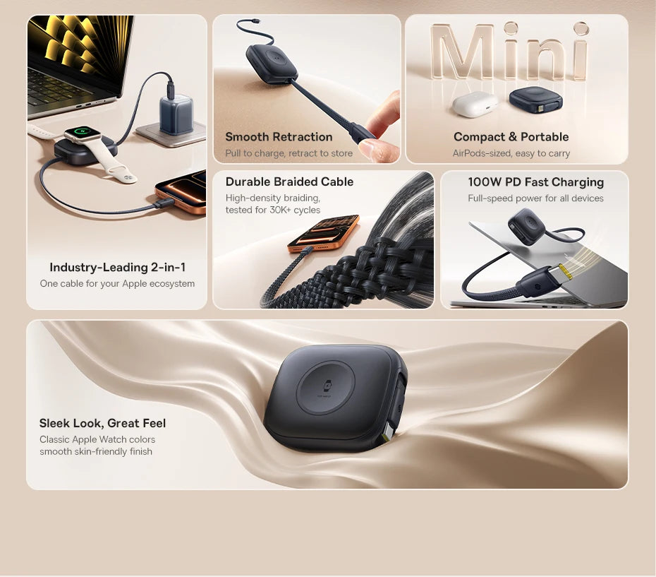 100W Retractable USB-C Fast Charging Cable with Magnetic Design