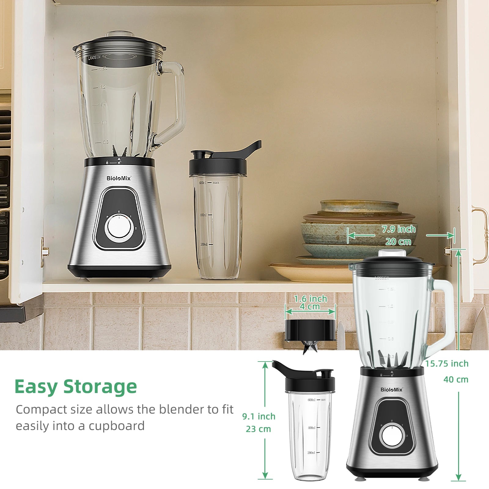 Liquidificador de 1300W com jarro de vidro de 1,5L e copo de viagem de 600ml