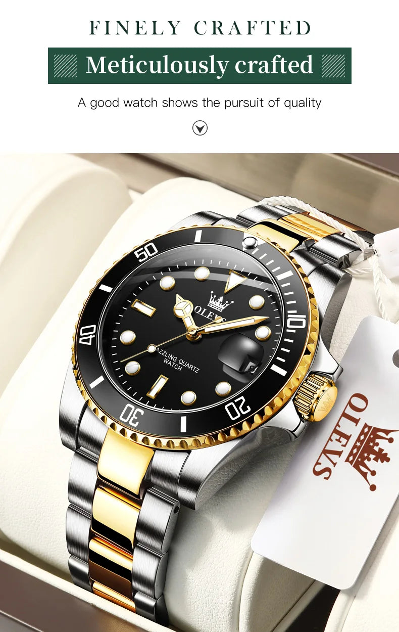 OLEVS Top Original Men Quartz Watch Green Waterproof Watch for Men Stainless Steel Quartz Men Luxury Watch Luminous Wristwatch 