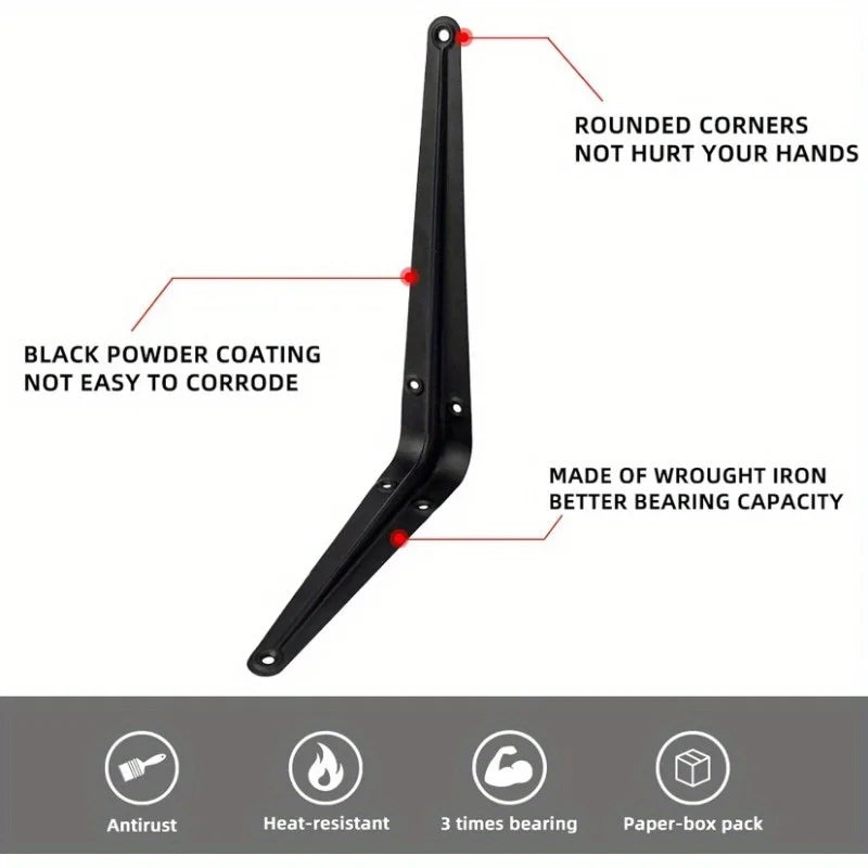 Black L-Shaped Shelf Brackets, Pack of 10