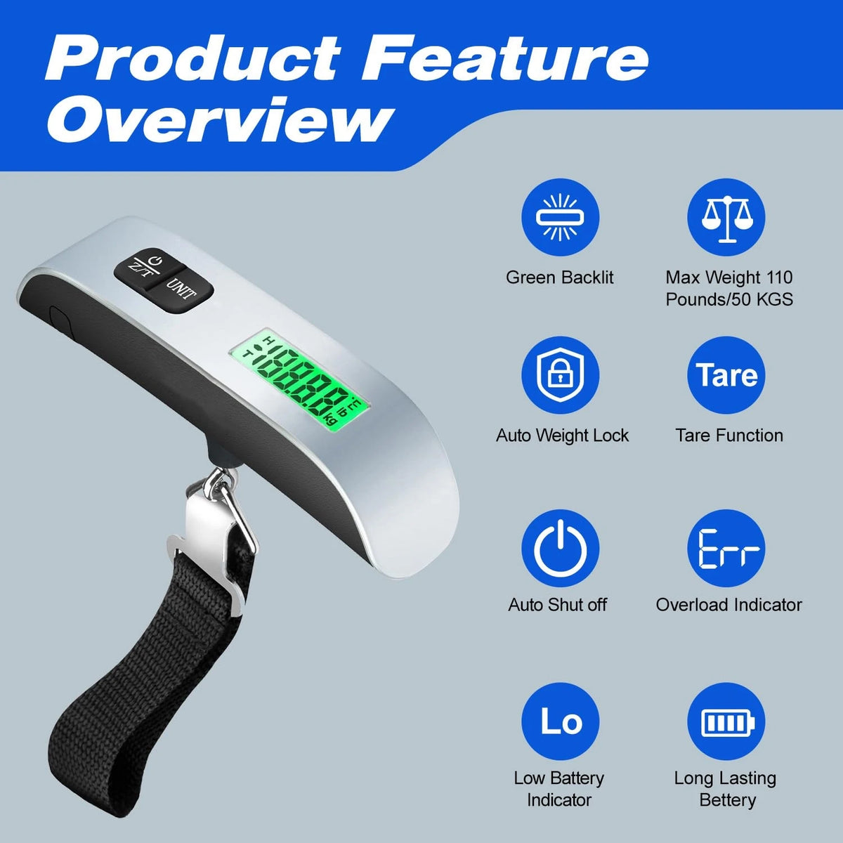 Digital Hanging Luggage Scale, 50kg, Backlit Display